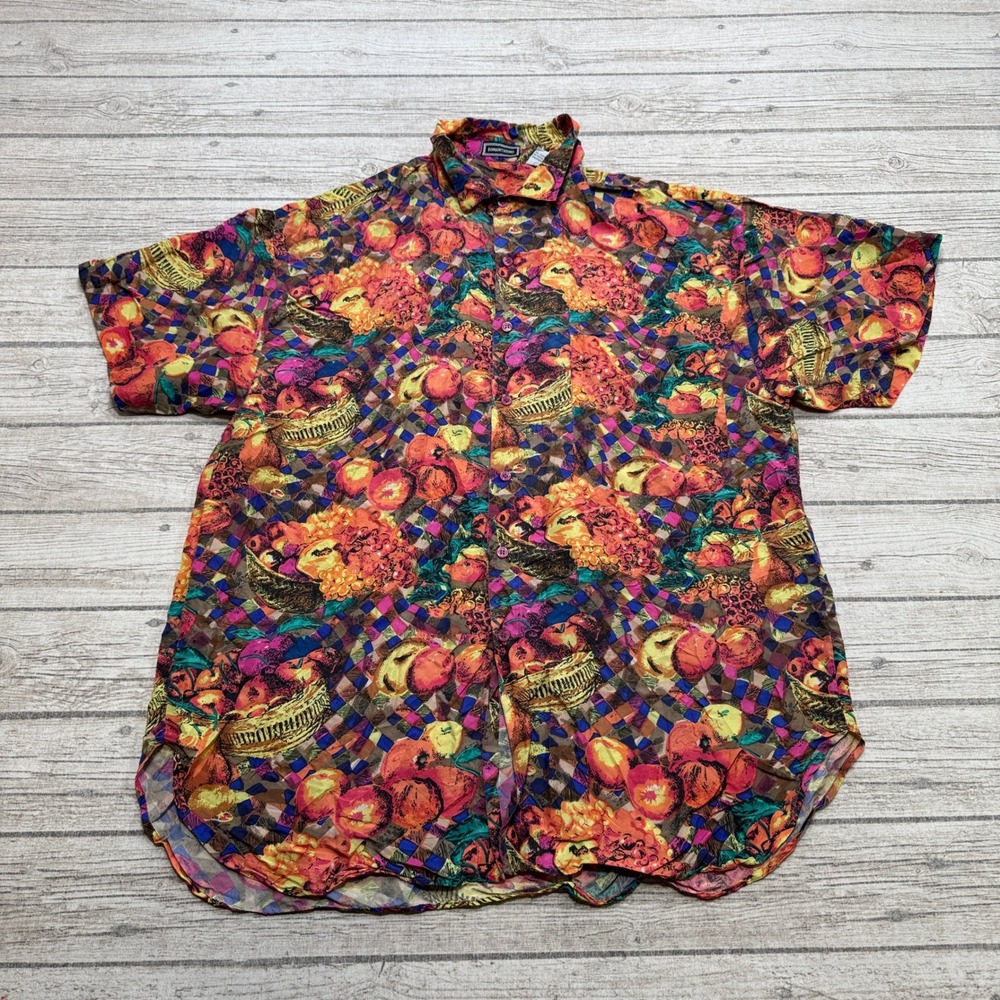 Vintage Romantkismo Shirt Men's L Colorful Fruit Print Silk Button Down Tropical